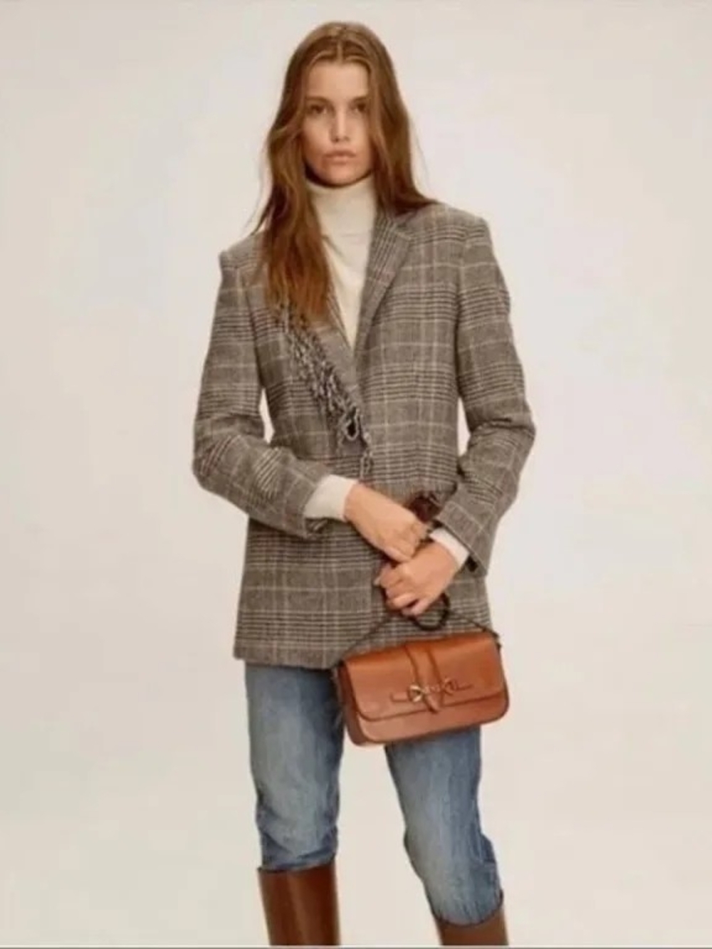 Mango Fringed Wool Plaid Blazer
